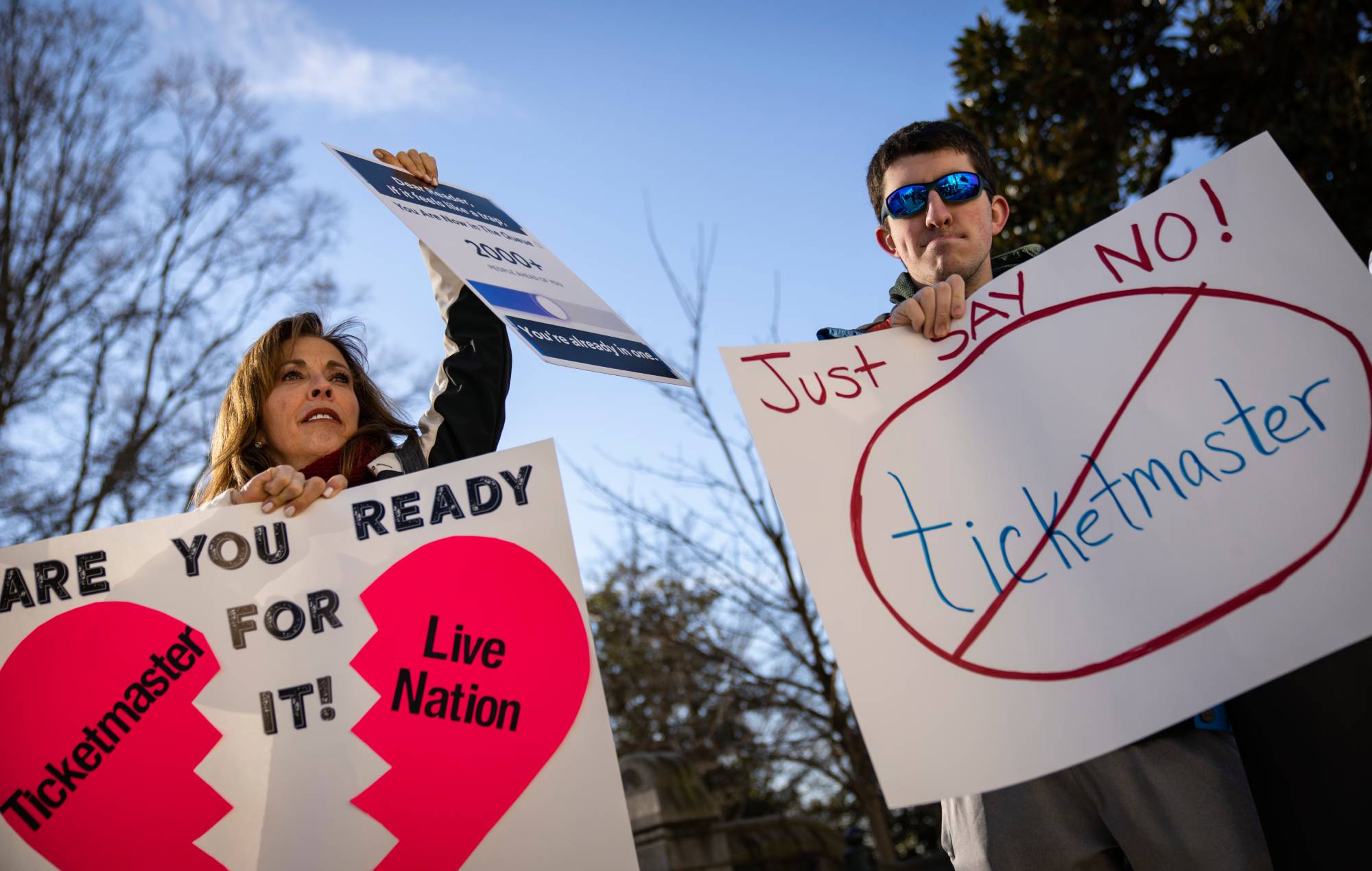 Penny Harrison and her son Parker Harrison rally against the live entertainment ticket industry outside the U.S. Capitol January 24, 2023 in Washington, DC. Credit: Drew Angerer/Getty 
