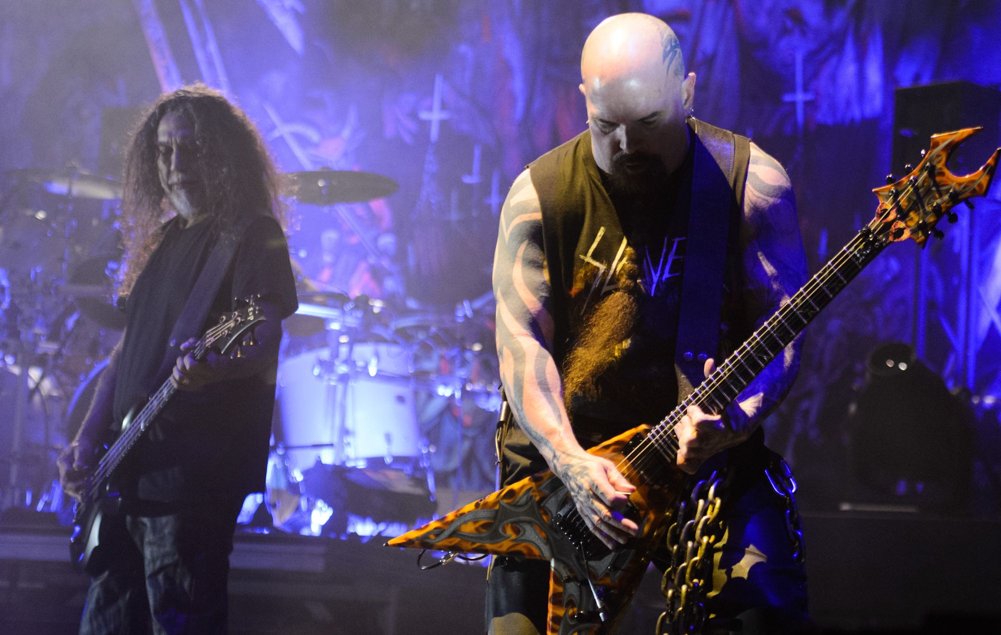 Tom Araya and Kerry King of Slayer perform during Riot Fest at Douglas Park on September 14, 2019 in Chicago, Illinois. 