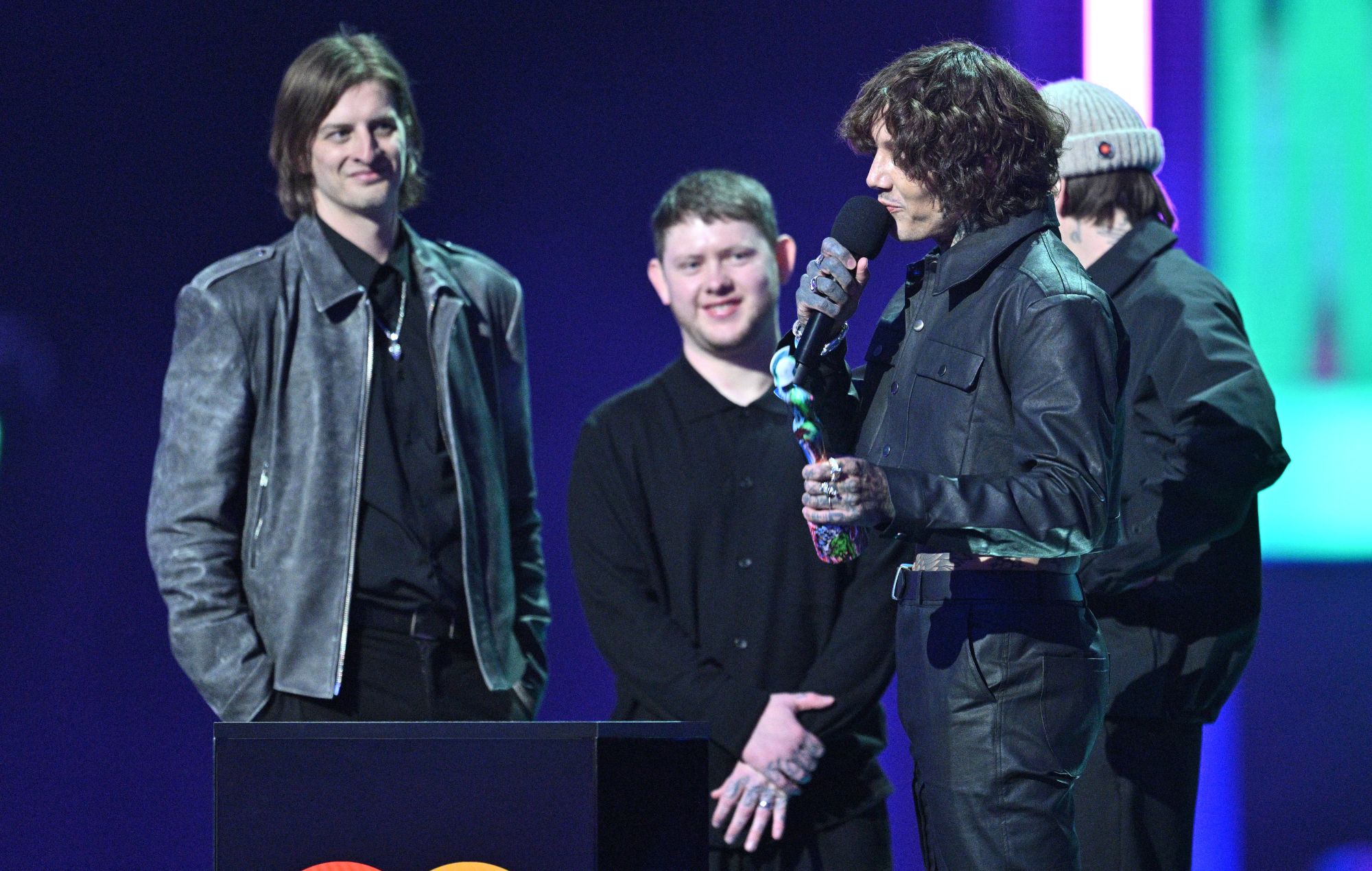 Matt Kean, Lee Malia, Oliver Sykes and Mat Nicholls the group Bring Me The Horizon wins the Best Alternative Rock act during the BRIT Awards 2024 at The O2 Arena on March 02, 2024 in London, England. 