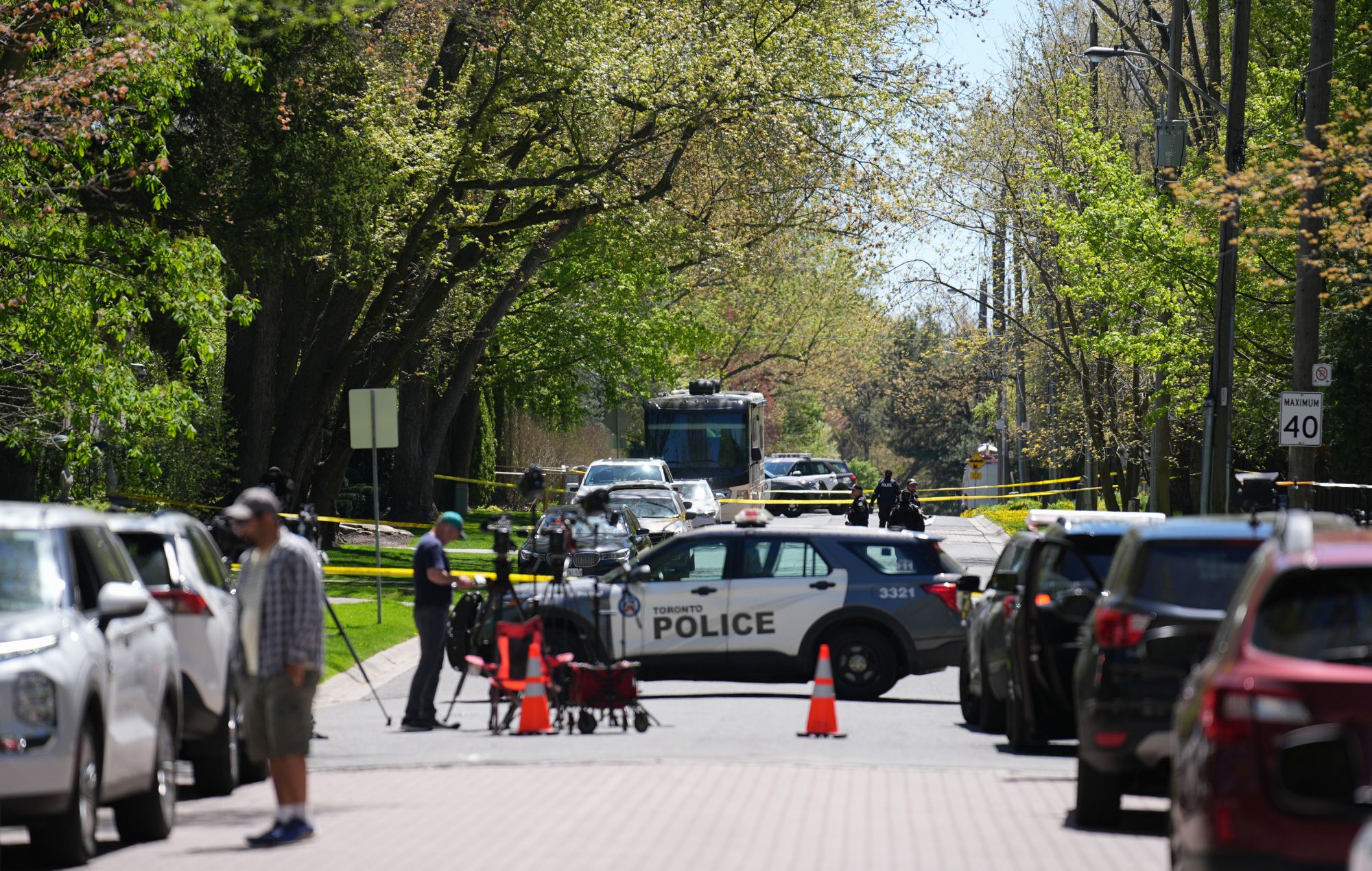 Toronto police investigate outside rapper Drake's mansion after an overnight shooting that hospitalized a security on May 7, 2024 in Toronto, Ontario, Canada.