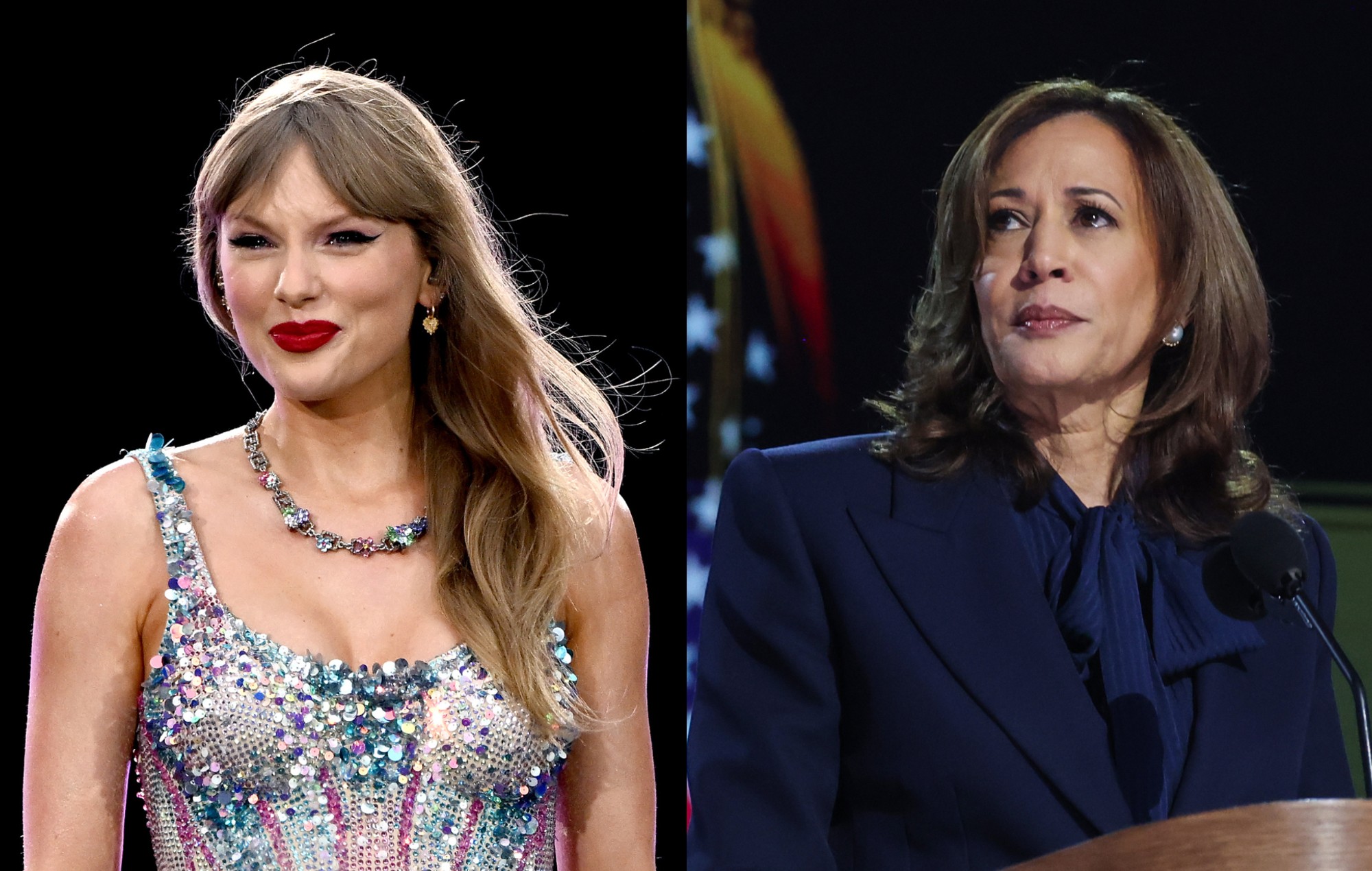 a composite image of Taylor Swift and Kamala Harris