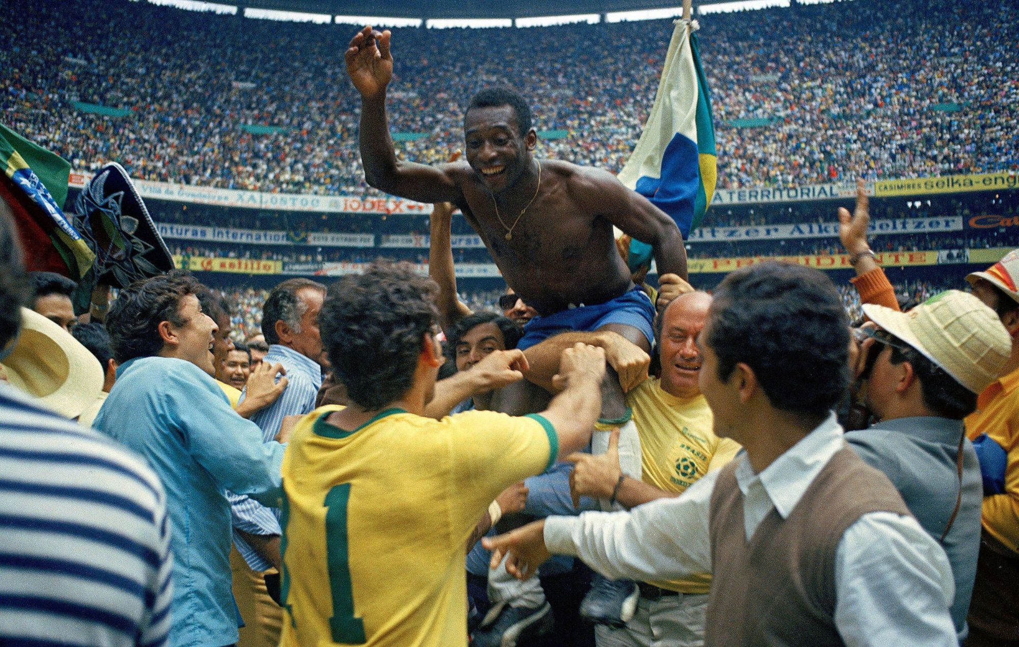 Pele of Brazil celebrates the victory after winnings the 1970 World Cup in Mexico match between Brazil and Italy 