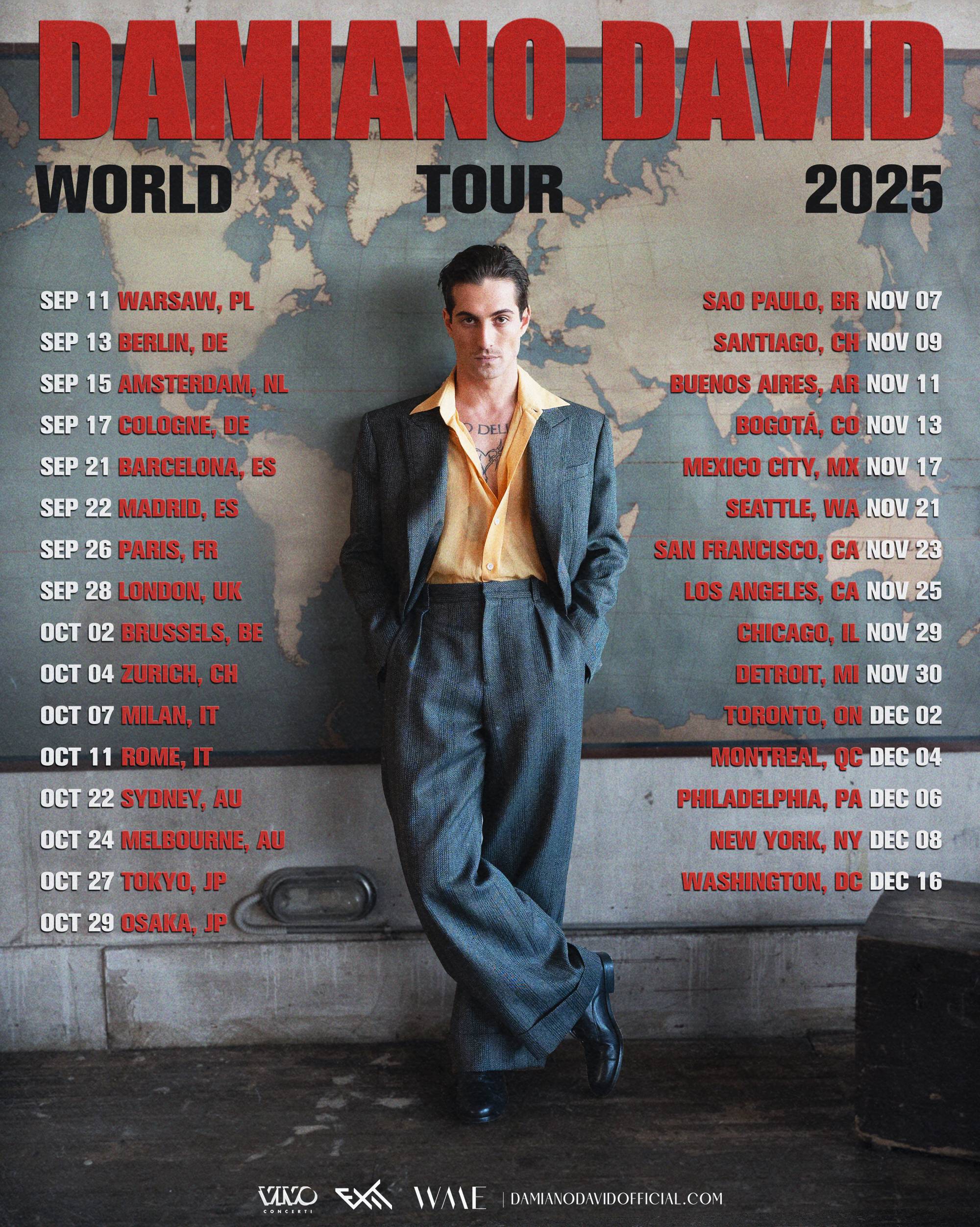 Damiano David 2025 Solo world tour dates poster. Credit: PRESS