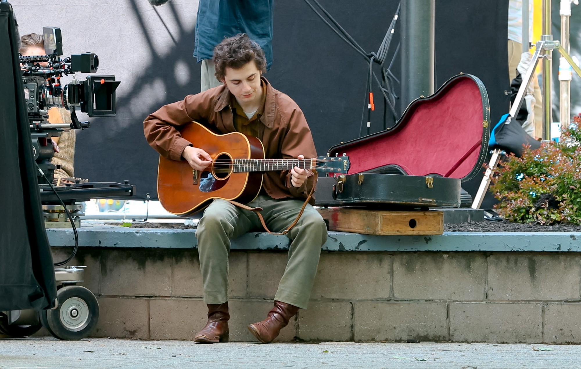 Timothée Chalamet as Bob Dylan on the set of 'A Complete Unknown'.